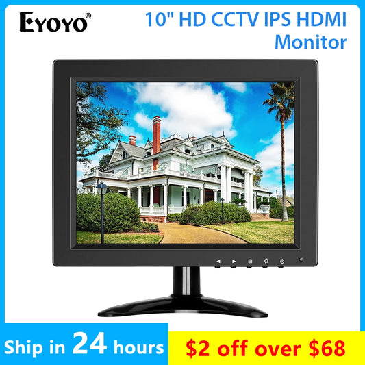 Eyoyo 10 inch Security CCTV Monitor Small Portable HDMI LCD Monitor IPS HD 1024x768 4:3 with BNC HDMI VGA AV Input for PC Raspbe